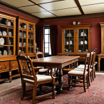 **A meticulously curated collection of antique furniture displayed in a climate-controlled room.** Focus on details showcasing the furniture's craftsmanship and highlighting the importance of proper storage for preservation. The scene should evoke a sense of historical value and careful ownership.