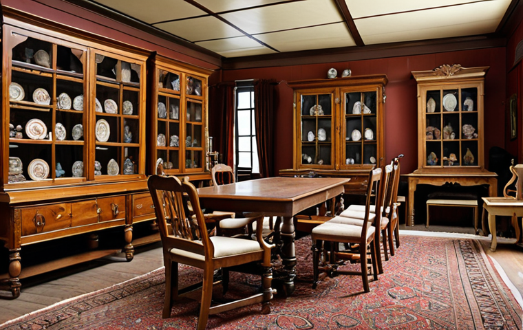 **A meticulously curated collection of antique furniture displayed in a climate-controlled room.** Focus on details showcasing the furniture's craftsmanship and highlighting the importance of proper storage for preservation. The scene should evoke a sense of historical value and careful ownership.