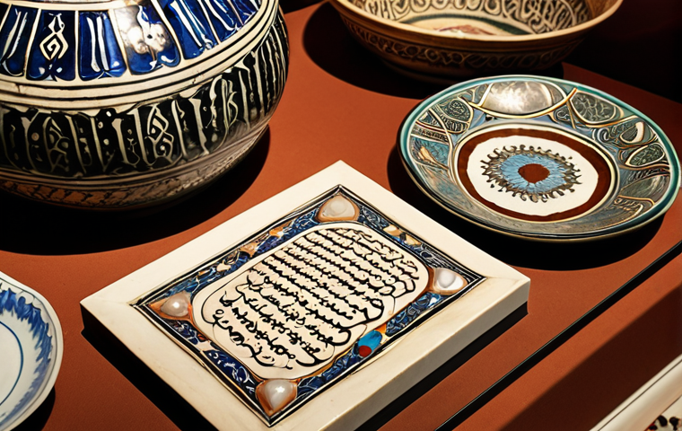 Ottoman Era Artifacts**

Prompt: "Close-up of intricately detailed Ottoman-era artifacts displayed in a well-lit museum setting. Focus on calligraphy, Iznik pottery, and inlaid mother-of-pearl details. Emphasize the craftsmanship and historical significance. Soft, diffused lighting to highlight textures."

**