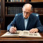 A professional, focused collector, fully clothed in a modest business casual outfit, sits at a large, polished wooden desk in a sophisticated home study. The collector is meticulously examining a vintage stamp album with a magnifying glass, while a laptop beside them displays market analysis graphs and auction records. On the desk, there are also a few antique coins and a small, elegant sculpture. The room features built-in bookshelves filled with various art and history books, and a subtle light illuminates the scene, highlighting the detailed texture of the collection items. The atmosphere is one of intellectual pursuit and discerning investment. safe for work, appropriate content, fully clothed, professional, perfect anatomy, correct proportions, natural pose, well-formed hands, proper finger count, natural body proportions, professional photography, high quality.