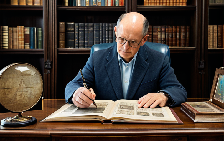 A professional, focused collector, fully clothed in a modest business casual outfit, sits at a large, polished wooden desk in a sophisticated home study. The collector is meticulously examining a vintage stamp album with a magnifying glass, while a laptop beside them displays market analysis graphs and auction records. On the desk, there are also a few antique coins and a small, elegant sculpture. The room features built-in bookshelves filled with various art and history books, and a subtle light illuminates the scene, highlighting the detailed texture of the collection items. The atmosphere is one of intellectual pursuit and discerning investment. safe for work, appropriate content, fully clothed, professional, perfect anatomy, correct proportions, natural pose, well-formed hands, proper finger count, natural body proportions, professional photography, high quality.